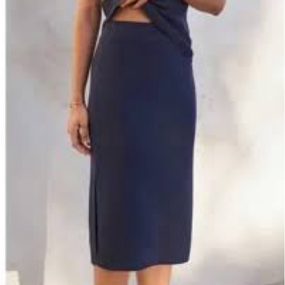 AYR Midi Pencil Skirt Navy Ribbed Sweater with Side Slits Pull On Stretch Large - Picture 1 of 10